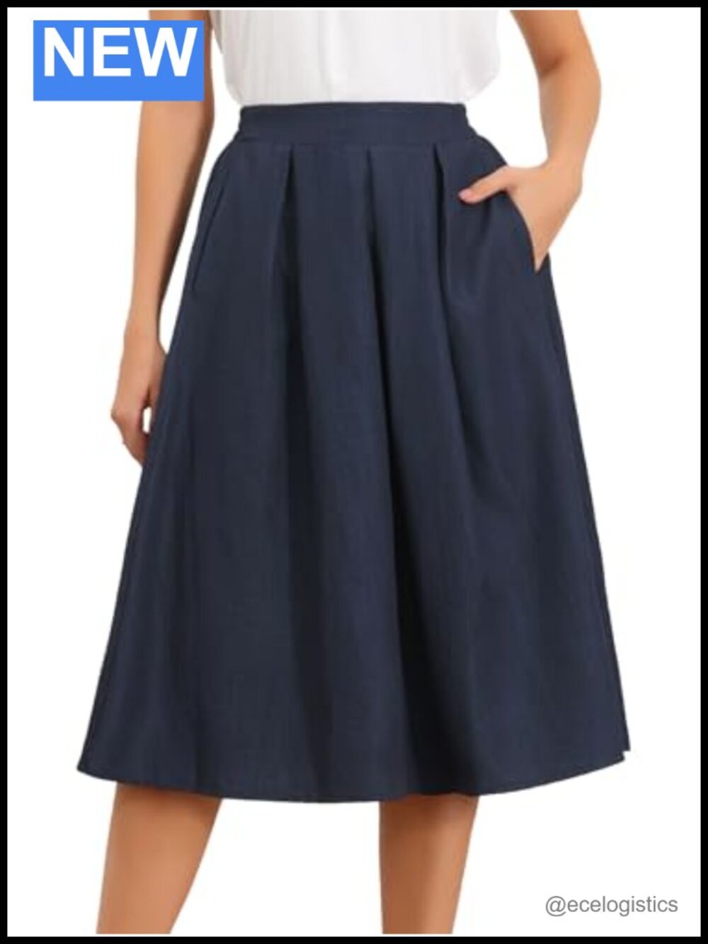 High Waisted A-Line Pleated Midi Skirt Flared Zipper Business Casual